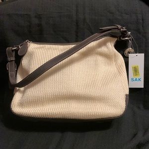 New Sax Shoulder Bag. Beige fabric trimmed with Brown leather.